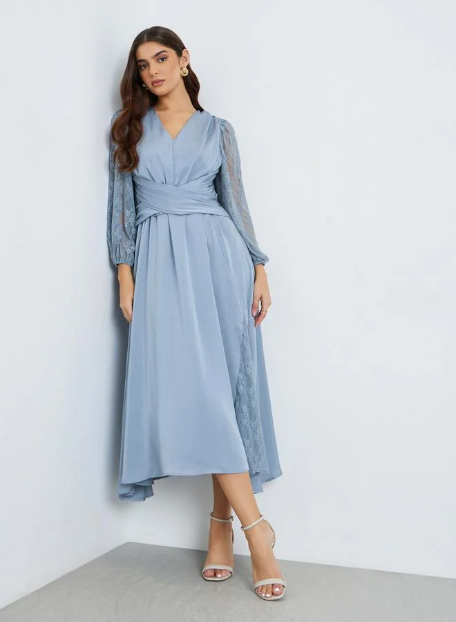 Styli Women Blue Lace Sleeves A-Line Midi Dress